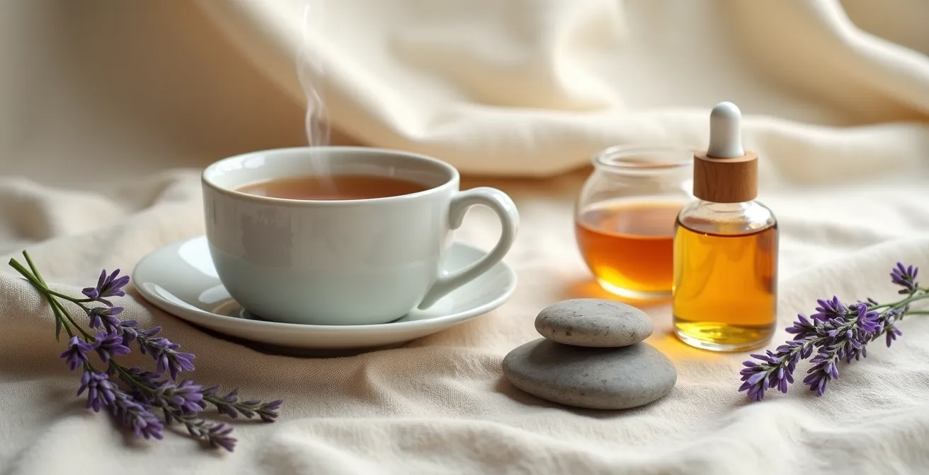 Scène matinale paisible avec une tasse de thé et des éléments de bien-être disposés harmonieusement