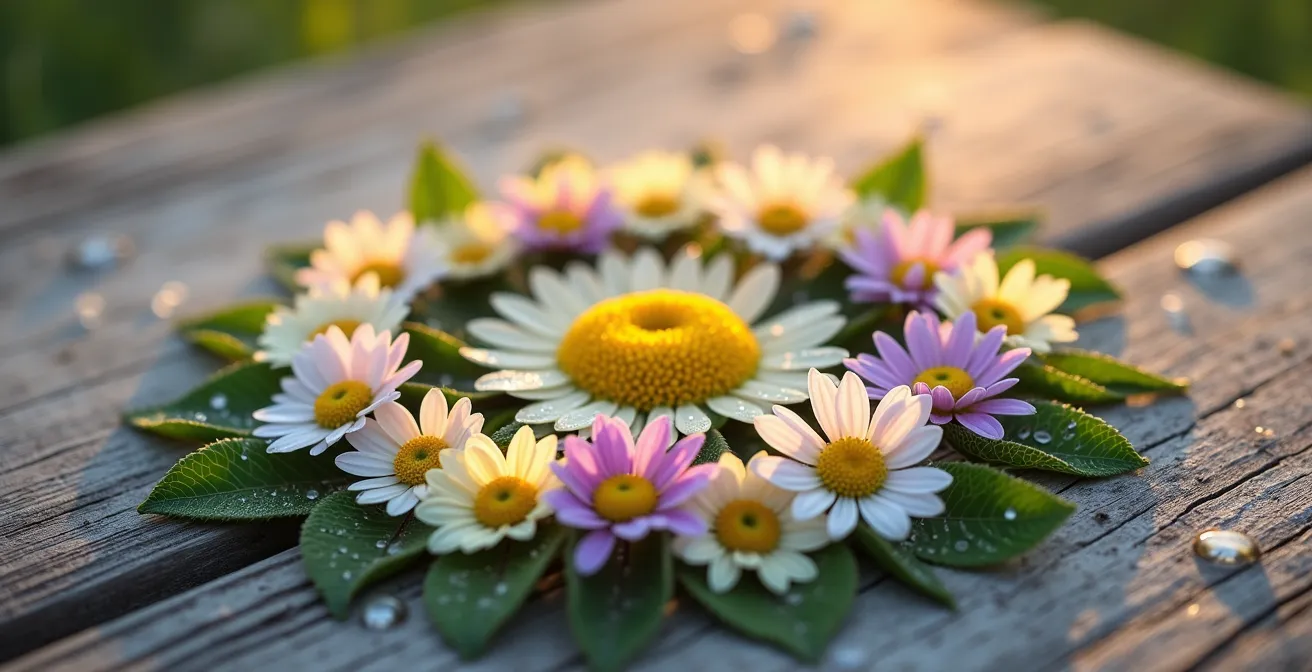 Composition artistique de fleurs aux couleurs douces disposées en cercle harmonieux